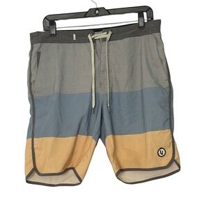 Vuori Gray Yellow Striped Cruise Board Swim Shorts - 32